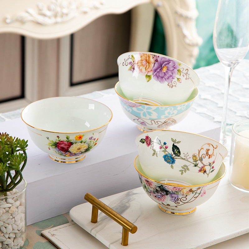 瓷碗饭碗6个金边家用陶瓷米饭防烫碗景德镇北欧碗