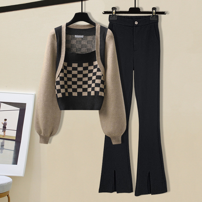 纯欲风辣妹炸街套装女秋冬新款棋盘格针织衫毛衣微喇休闲裤两件套