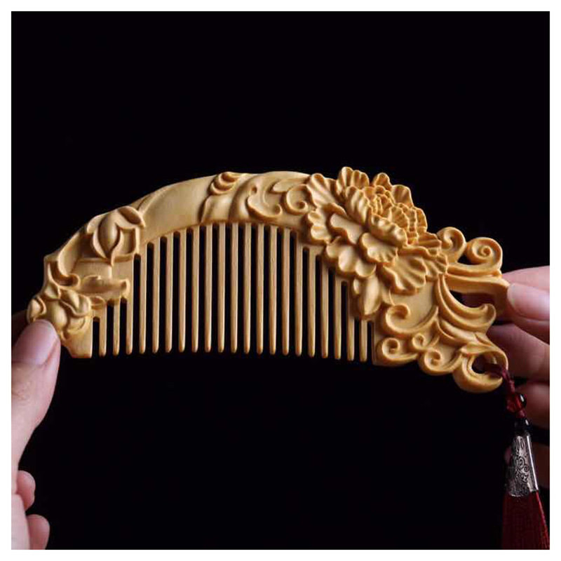 木质梳子富贵牡丹图案黄杨木杨木整木雕刻工艺品梳子