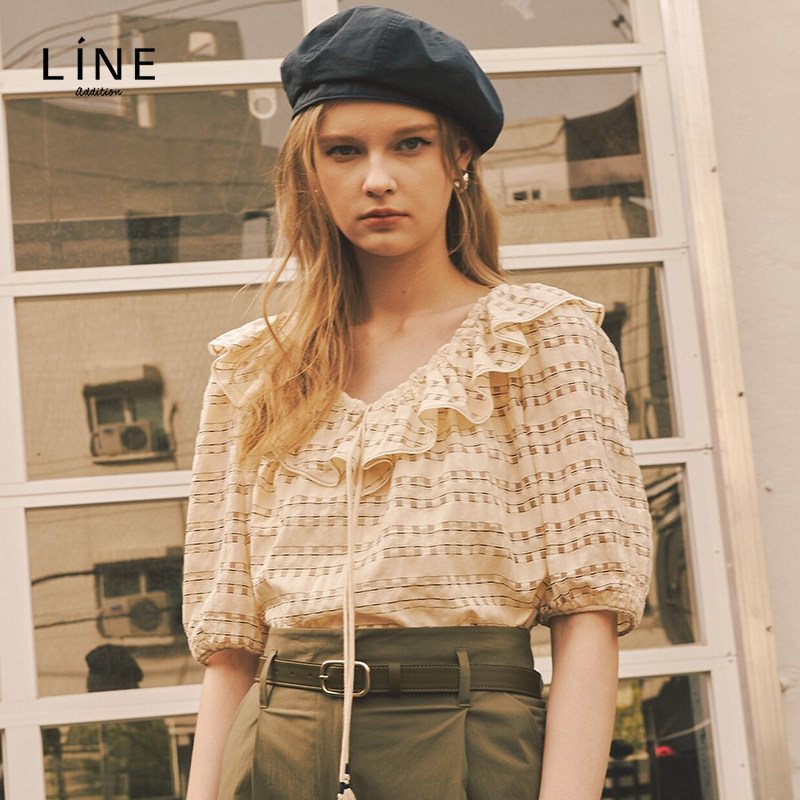 line韩国女装夏季新款亚麻泡泡条纹荷叶衬衫衬衫