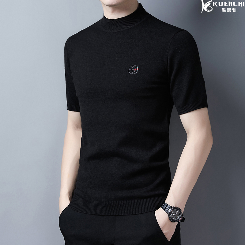 男士针织短袖毛衣男半高领半袖羊毛衫秋冬半截袖打底衫修身线衣潮