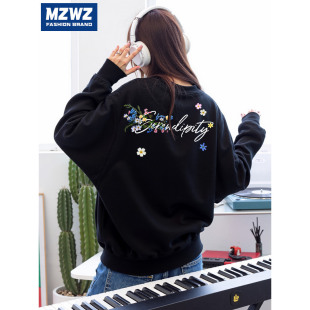 MZWZ卫衣男女2025新款连帽早秋黑色外套秋季款圆领无帽纯色青少年