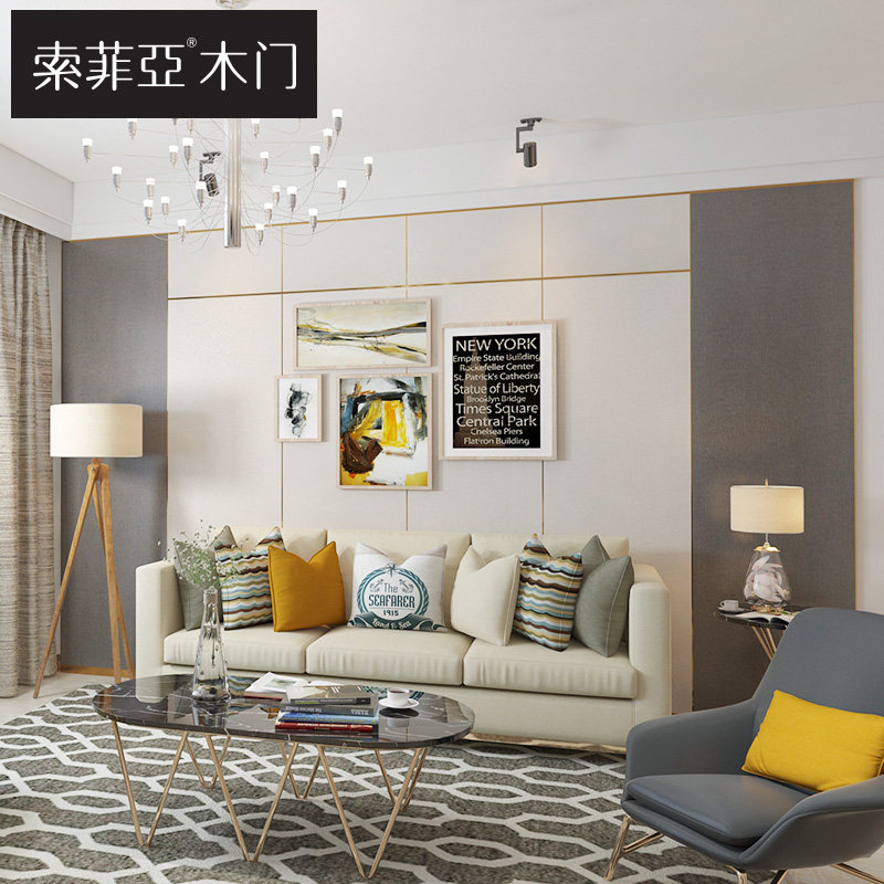 索菲亚木门 集成墙板电视背景墙隐形门整体定制护墙板客厅电视墙