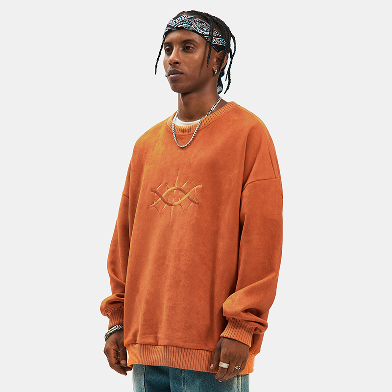 BTW秋冬款麂皮绒圆领无帽oversize卫衣男高街潮流宽松情侣潮上衣