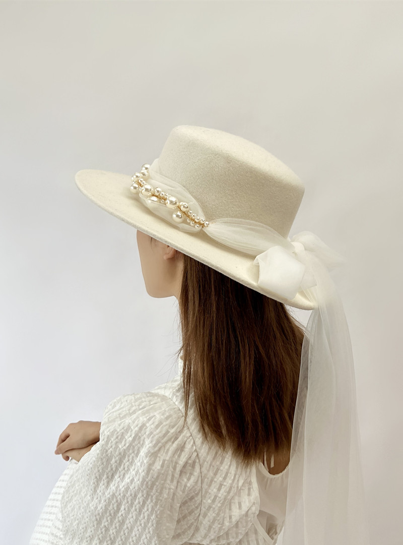 拍照摄影道具舞台走秀礼帽法式复古珍珠长纱帽子