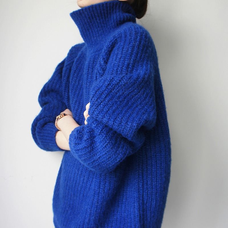 克莱因蓝高领套头粗棒针软糯毛衣2021秋冬新款外套慵懒宽松上衣女