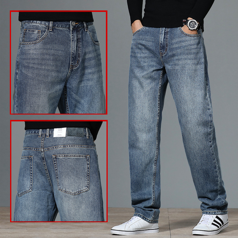 2022薄款高端大码牛仔裤男士夏季纯棉怀旧蓝宽松阔腿中年直筒长裤