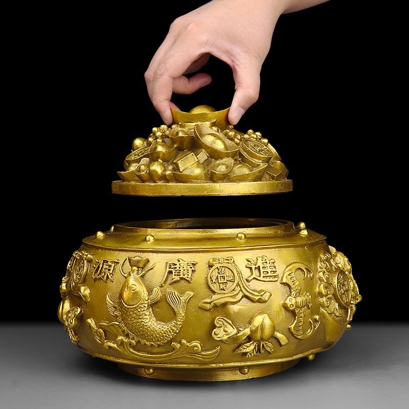 自然纯铜五路财神聚宝盆客厅财位摆件中式家居装饰摆件