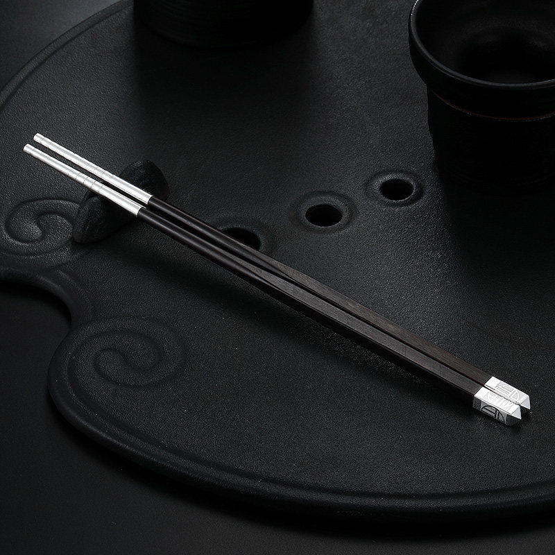 足银臻汇银十全十美s999纯银筷子餐具檀木福头方筷银摆件