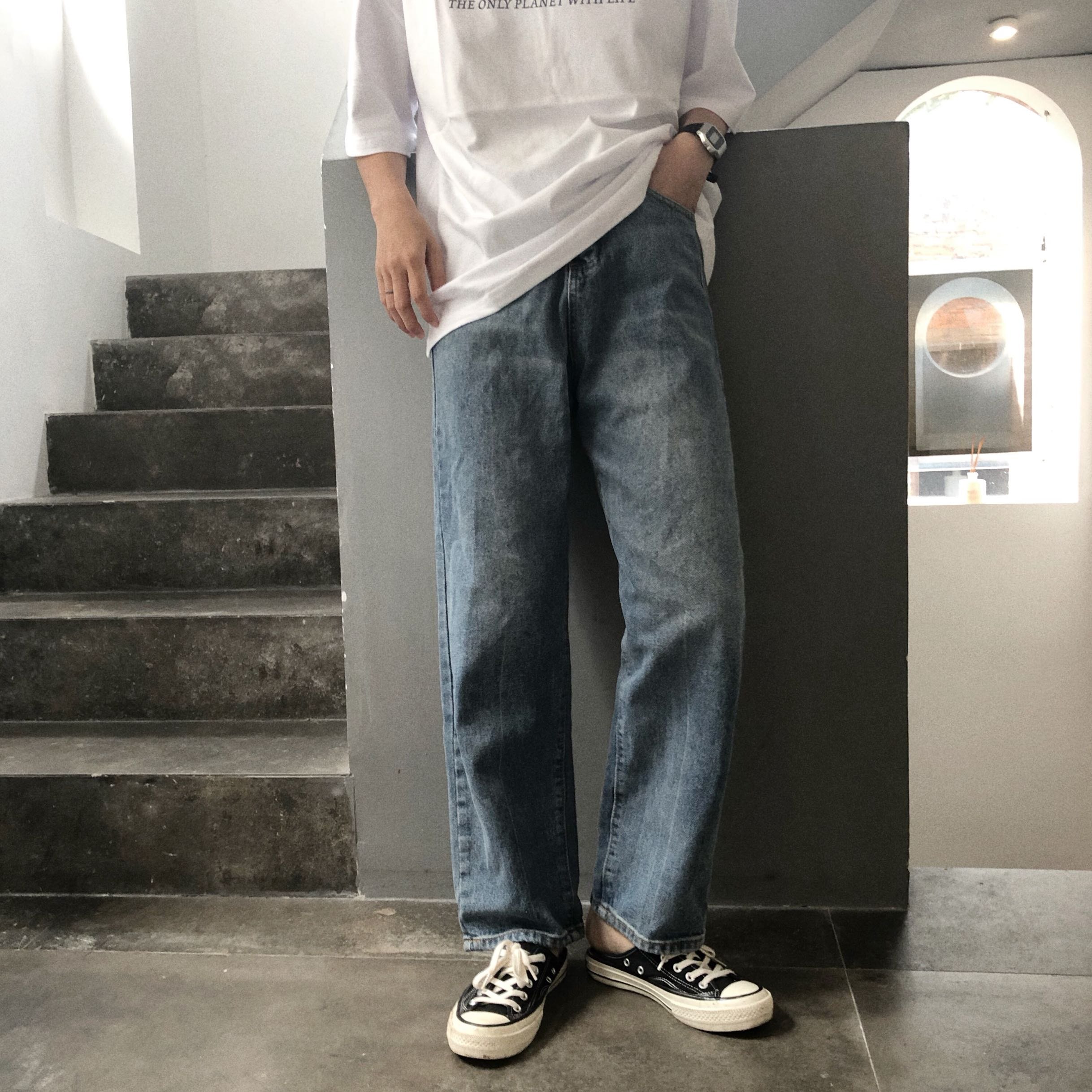 star腰部可调调节复古水洗宽松筒裤日系做旧牛仔裤