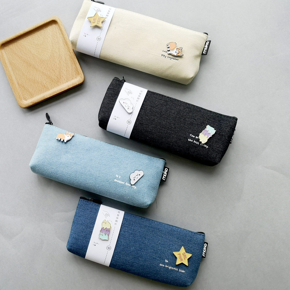 日系笔帆布三角笔袋大容量男女高中生铅笔金属徽章笔袋