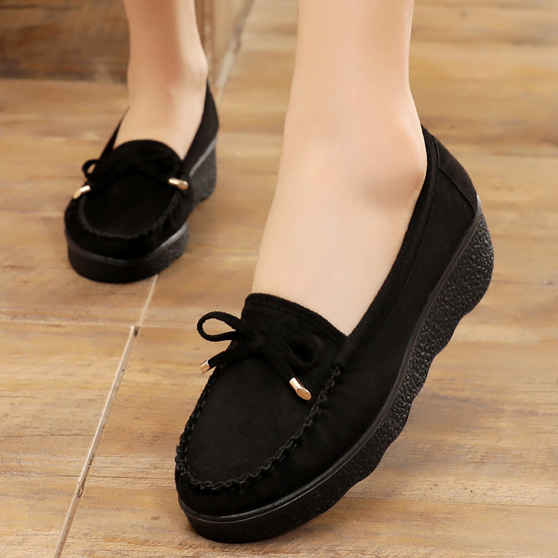 春秋老北京布鞋豆豆女鞋松糕厚底坡跟中跟浅口黑色女蝴蝶结工作鞋