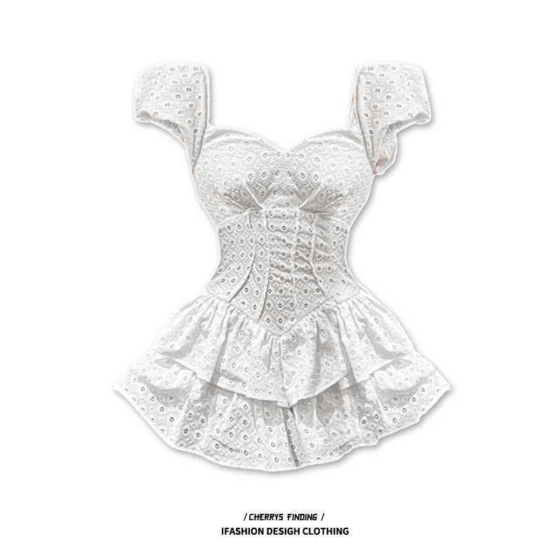 桃之觅 夏季纯欲奶气少女法式浪漫方领泡泡袖镂空蓬蓬连衣裙裤