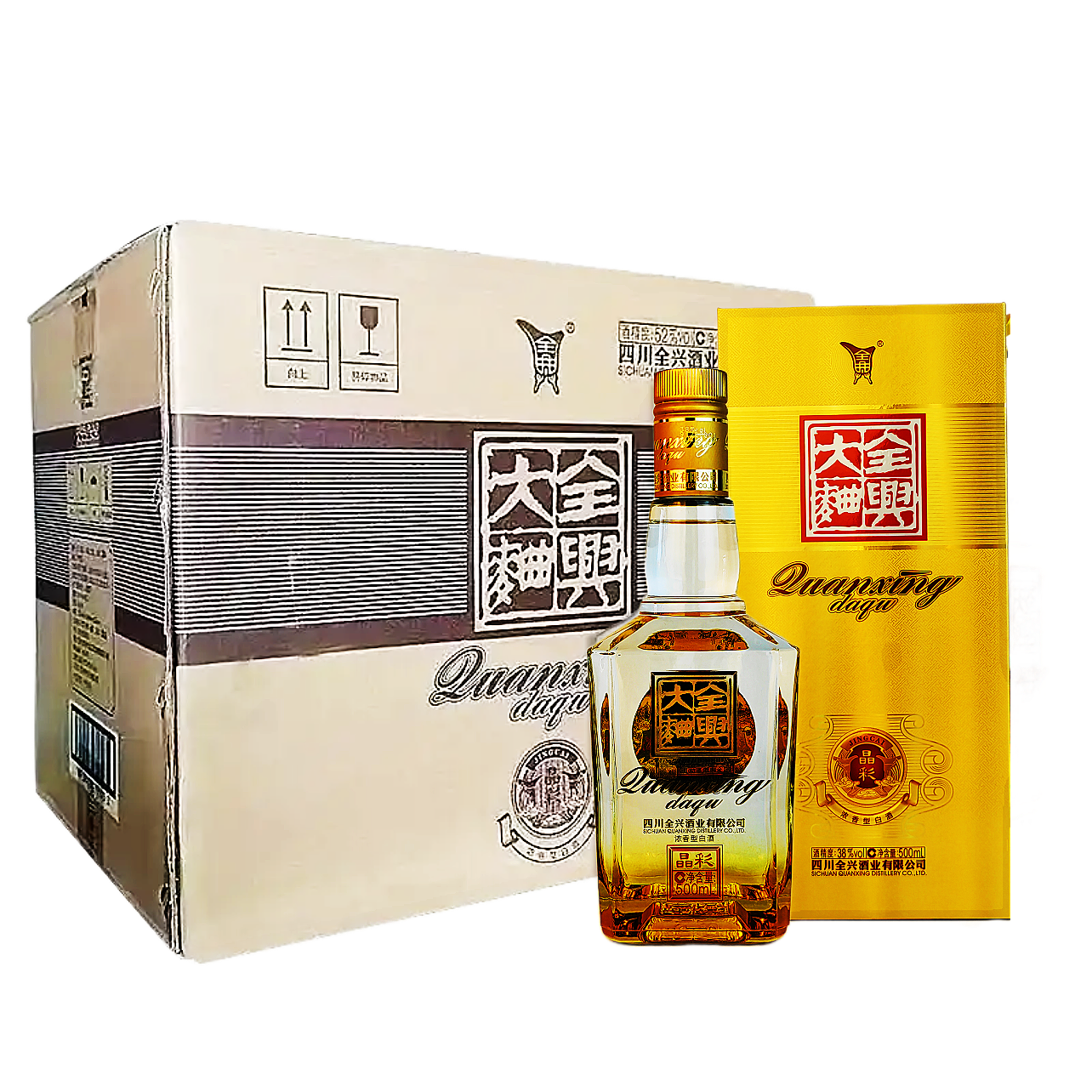 四川全兴大曲晶彩金52度38度浓香型纯粮固态白酒500ml*1/6瓶整箱-mc