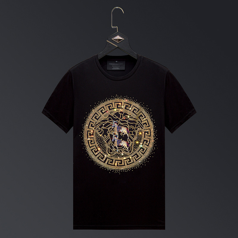 欧美潮牌 夏季烫钻美杜莎镶钻半袖上衣大码圆领丝光棉短袖t恤男女