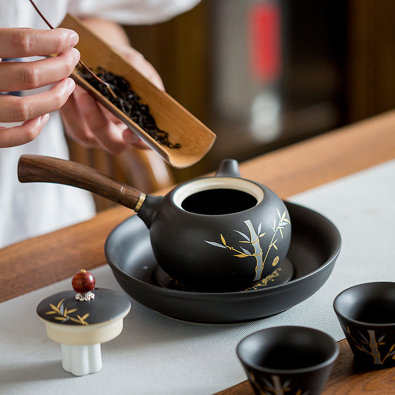 茶壶陶瓷木柄家用单壶古泥陶泡茶简约金功夫茶具茶壶