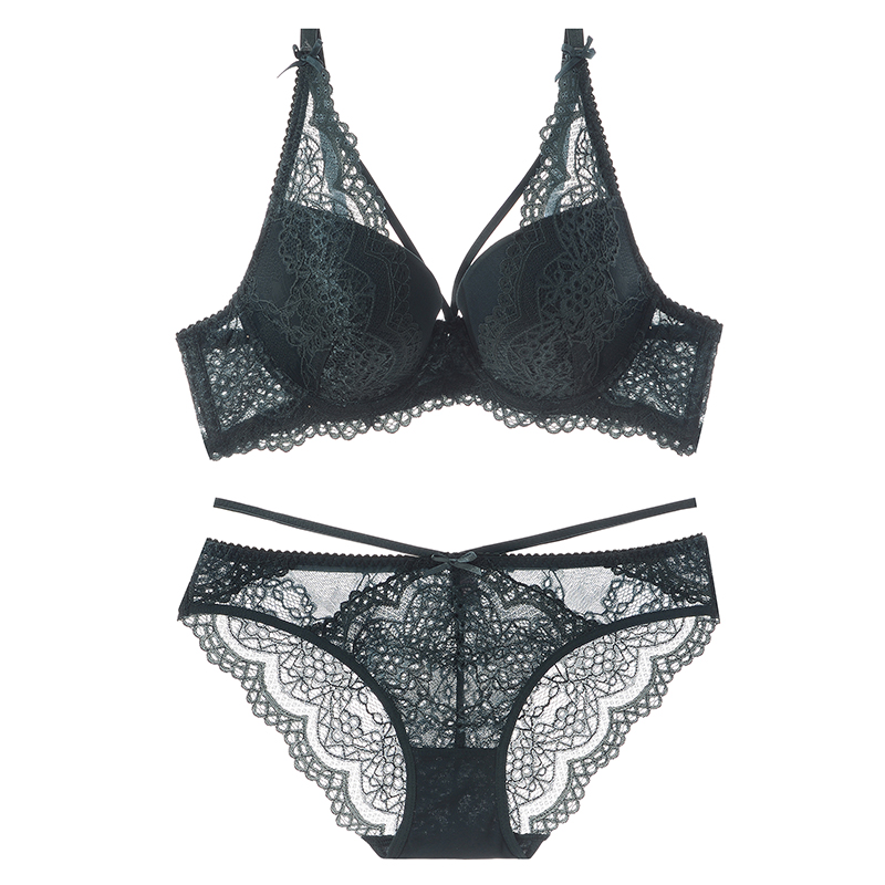 开始绽放欧美时尚性感美胸绑带风文胸蕾丝聚拢内衣套装女士胸罩秋