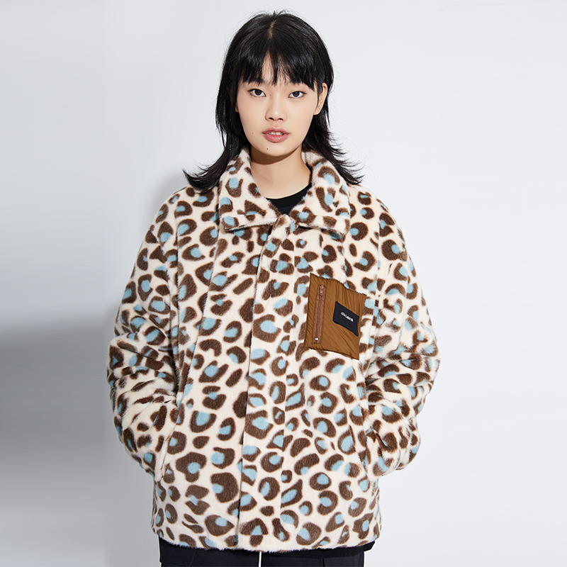 CBIANA潮牌人造貂毛豹纹外套原创国潮加厚休闲棉服情侣男女棉衣