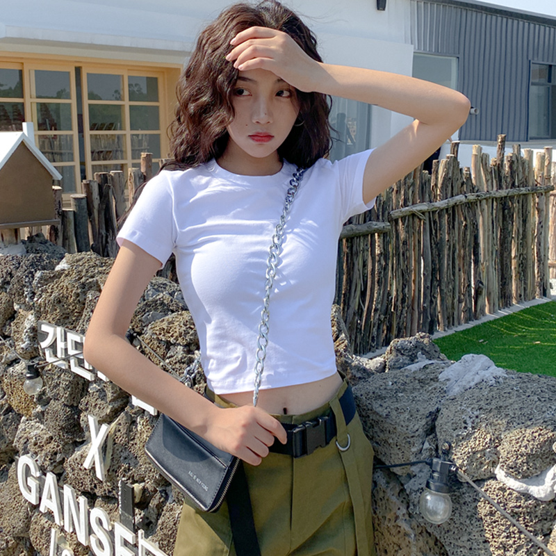 2022年新款夏小众上衣设计感白色短款t恤女短袖半袖紧身修身高腰