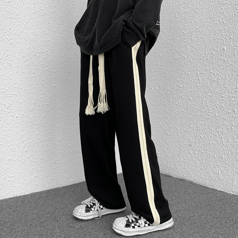 编织绳侧边条纹运动卫裤男春秋季宽松阔腿裤ins潮牌大码休闲裤子