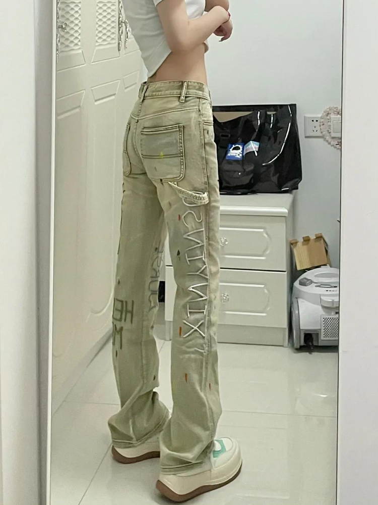 卡其色刺绣泼墨牛仔裤男欧美式高街头hiphop嘻哈炸街辣妹直筒裤子