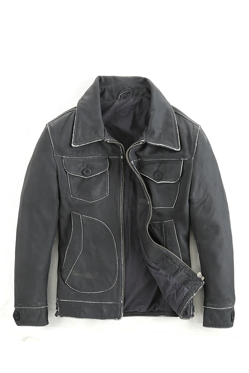 猎装真皮皮衣男士头层牛皮石磨做翻领修身机车皮衣