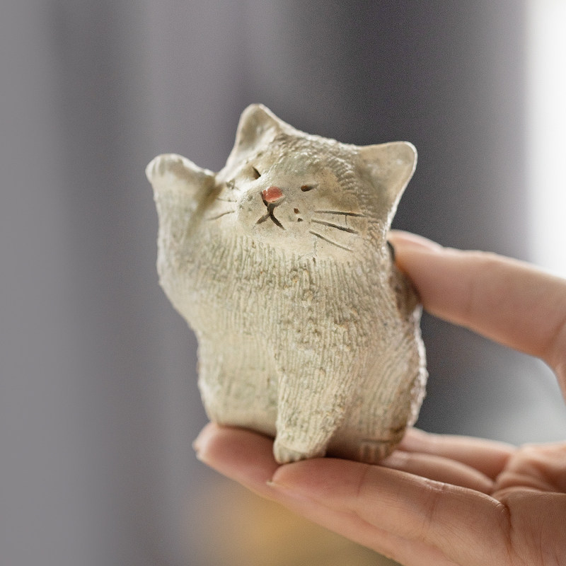 大叔日本进口信乐烧可爱手工粗陶猫咪茶室摆件摆件