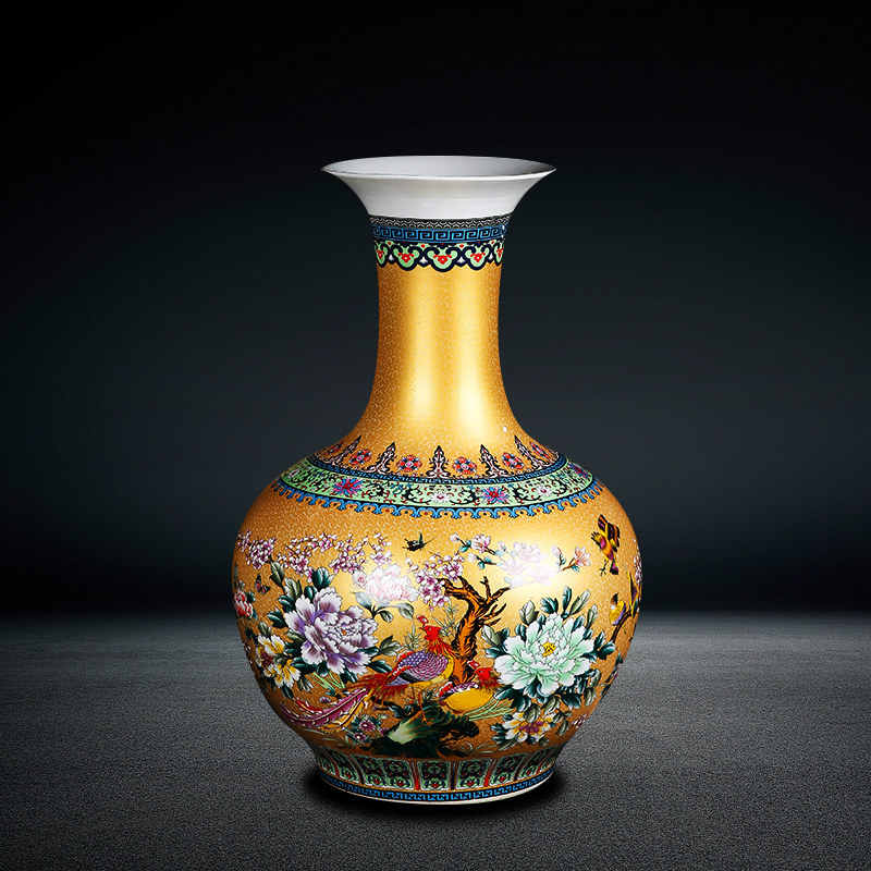 景德镇彩花绿色金绿色花鸟珐琅陶瓷器玄关摆件家居花瓶