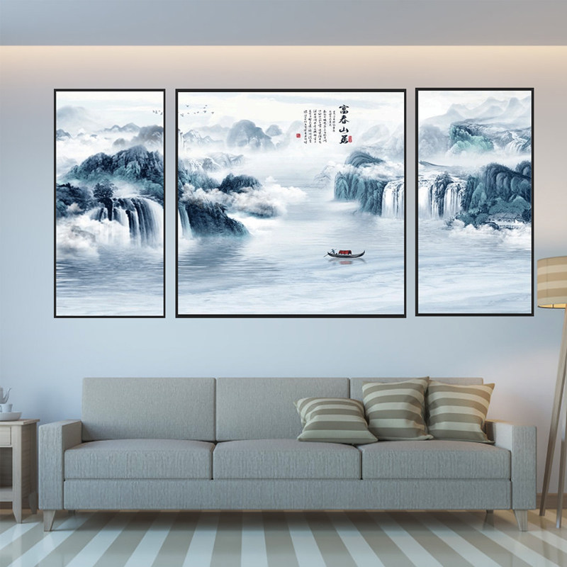 客厅装饰画沙发背景墙挂画山水画三联画风风水靠山现代装饰画