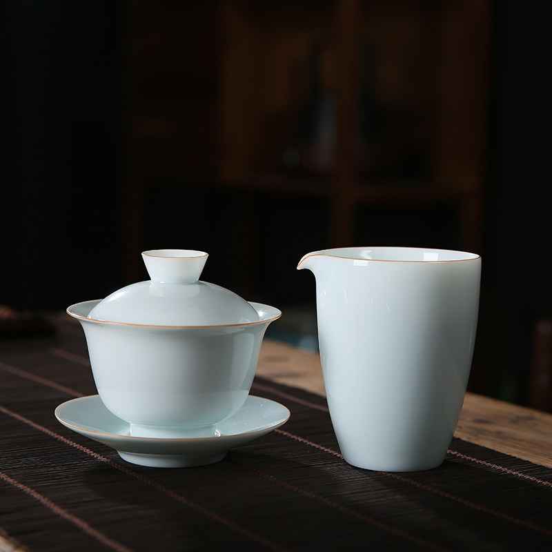 影青白瓷茶杯茶具功夫茶功夫泡茶三才大号青瓷盖碗