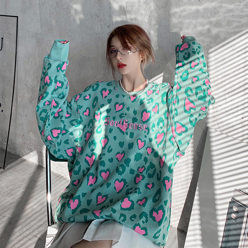 SoulSense潮牌嘻哈宽松粉绿豹纹桃心情侣款套头卫衣
