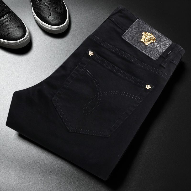 春夏季黑色牛仔裤男休闲韩版刺绣图案时尚百搭简约潮流修身小脚裤