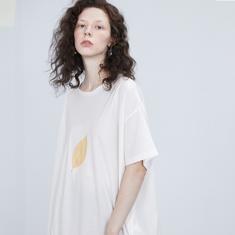 半圆原创设计师女装2020夏新款白色宽松圆领短袖中长休闲t恤体恤