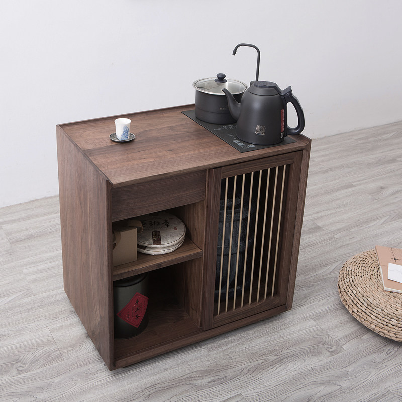 黑胡桃实木茶水柜客厅边几烧水柜下置水桶家用茶边柜茶水台单门