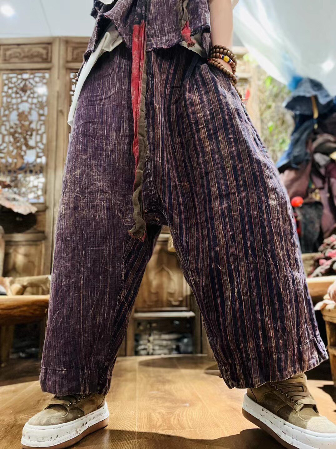 忆古朴拙复古做旧老布条纹水洗麻料吊裆个性棉裤