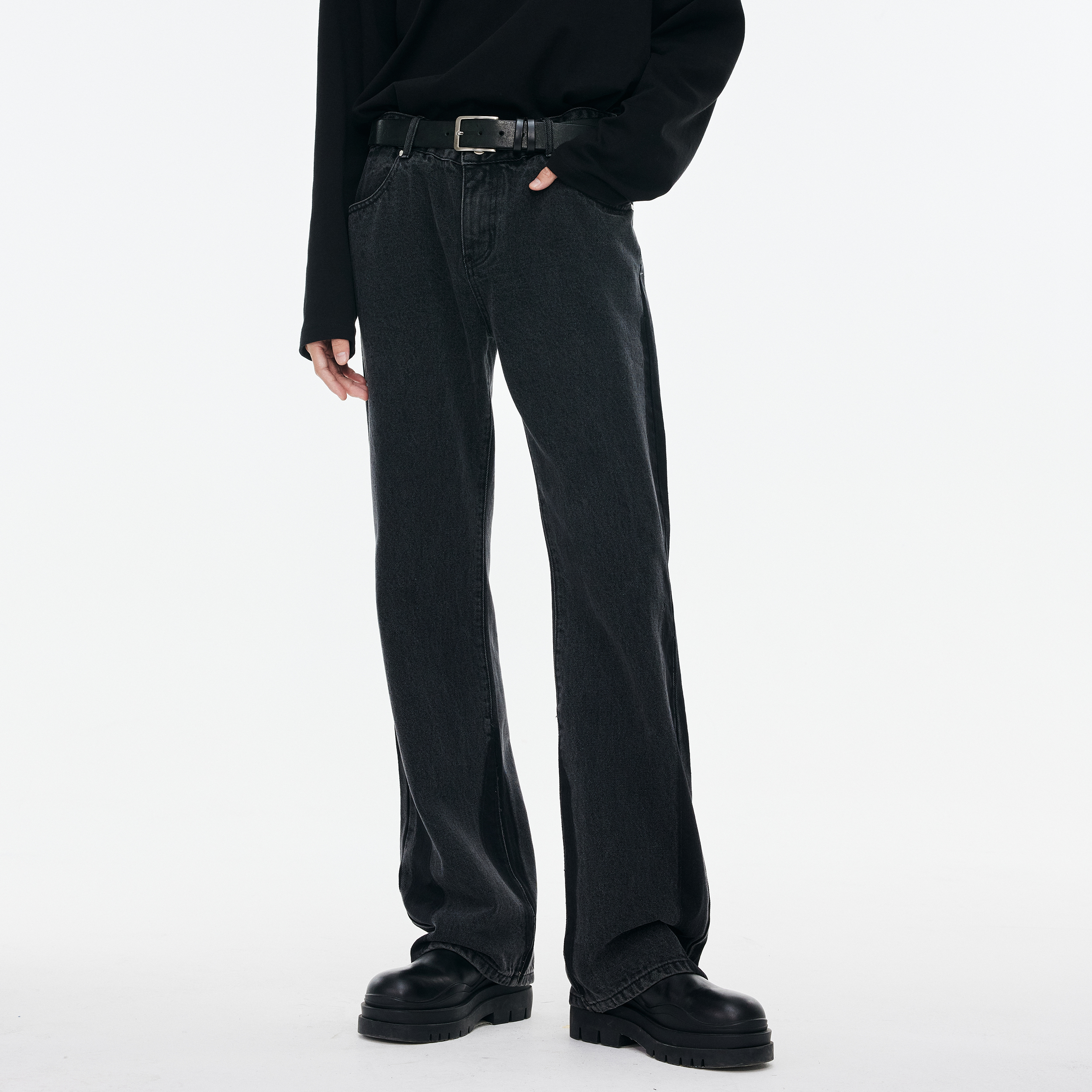 DIMC撞色水洗微黑色喇叭牛仔裤 潮流新款直筒修身男女休闲长裤