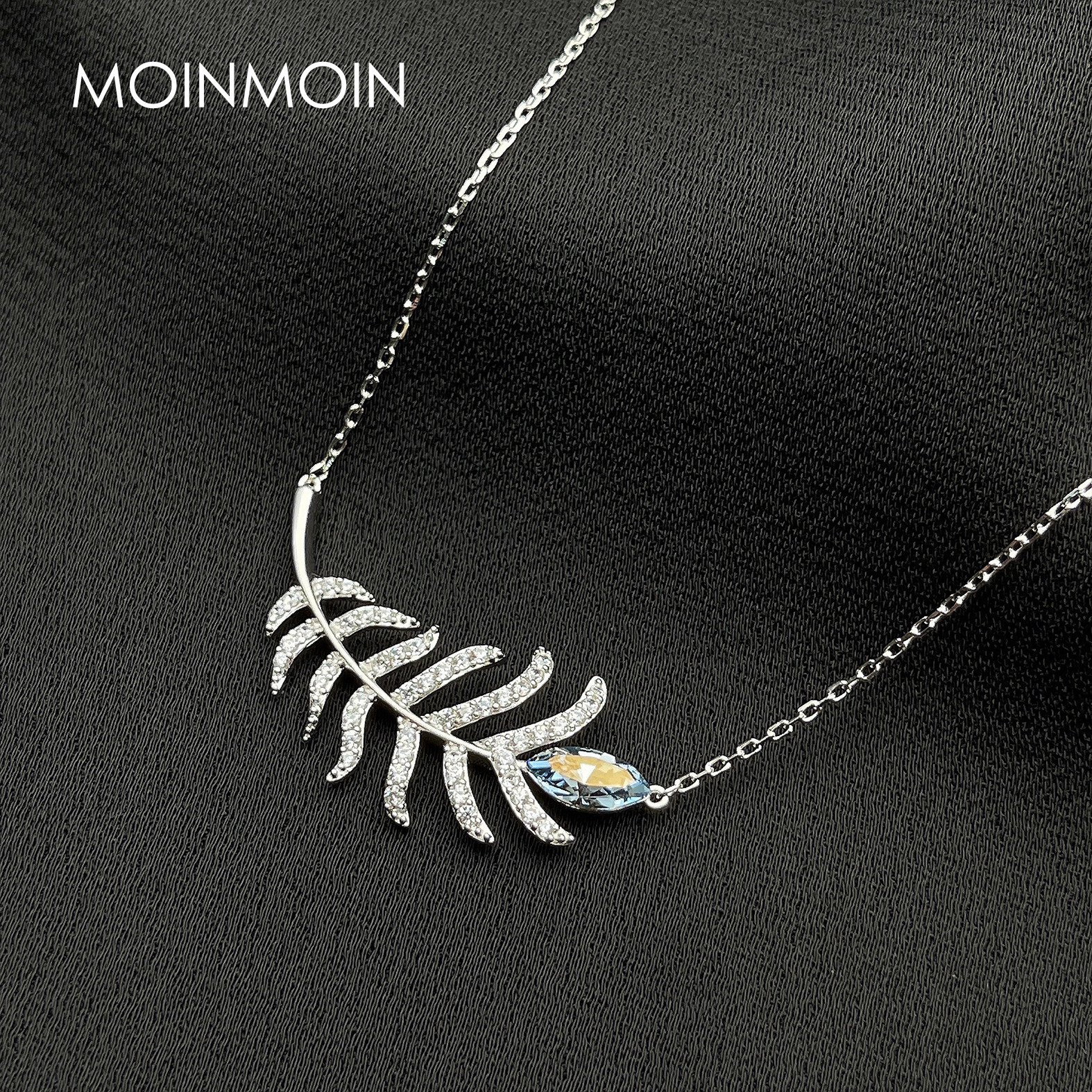 moinmoin轻奢棕榈叶子项链纯银水晶水滴锁骨网红项链