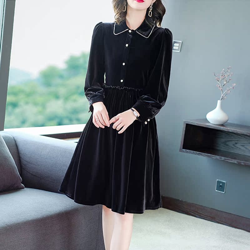 长袖金丝绒连衣裙女秋装2020年新款轻奢名媛洋气质高贵裙子中长款