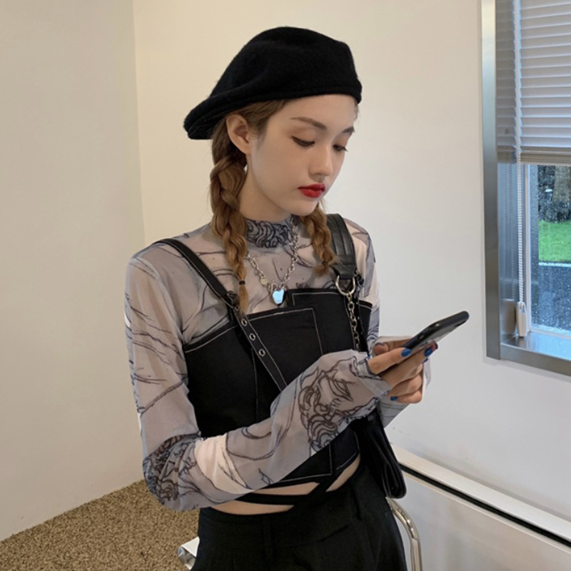 叠穿时尚设计感肩带背心2020新款印花高领网纱打底衫上衣两件套装