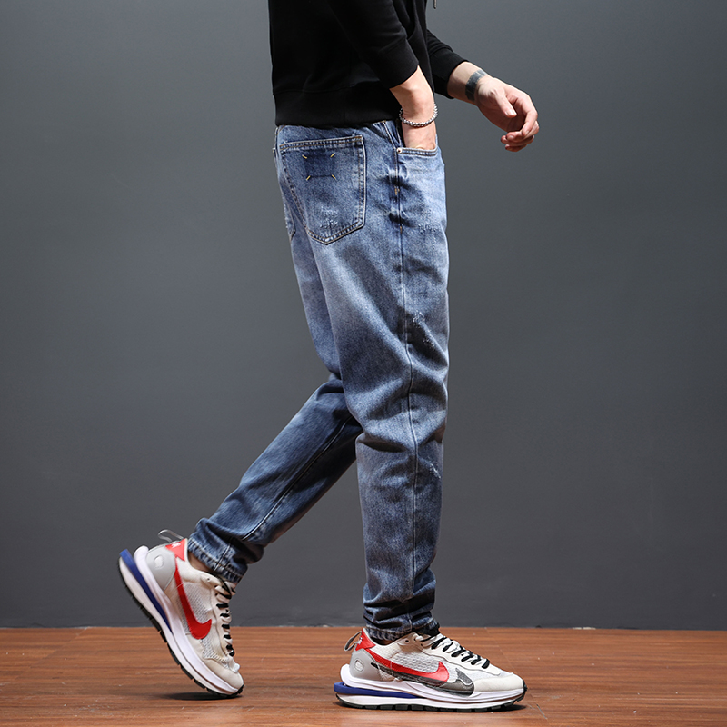 潮牌水洗牛仔裤男宽松小脚2022春秋新款潮流百搭休闲大码哈伦裤男
