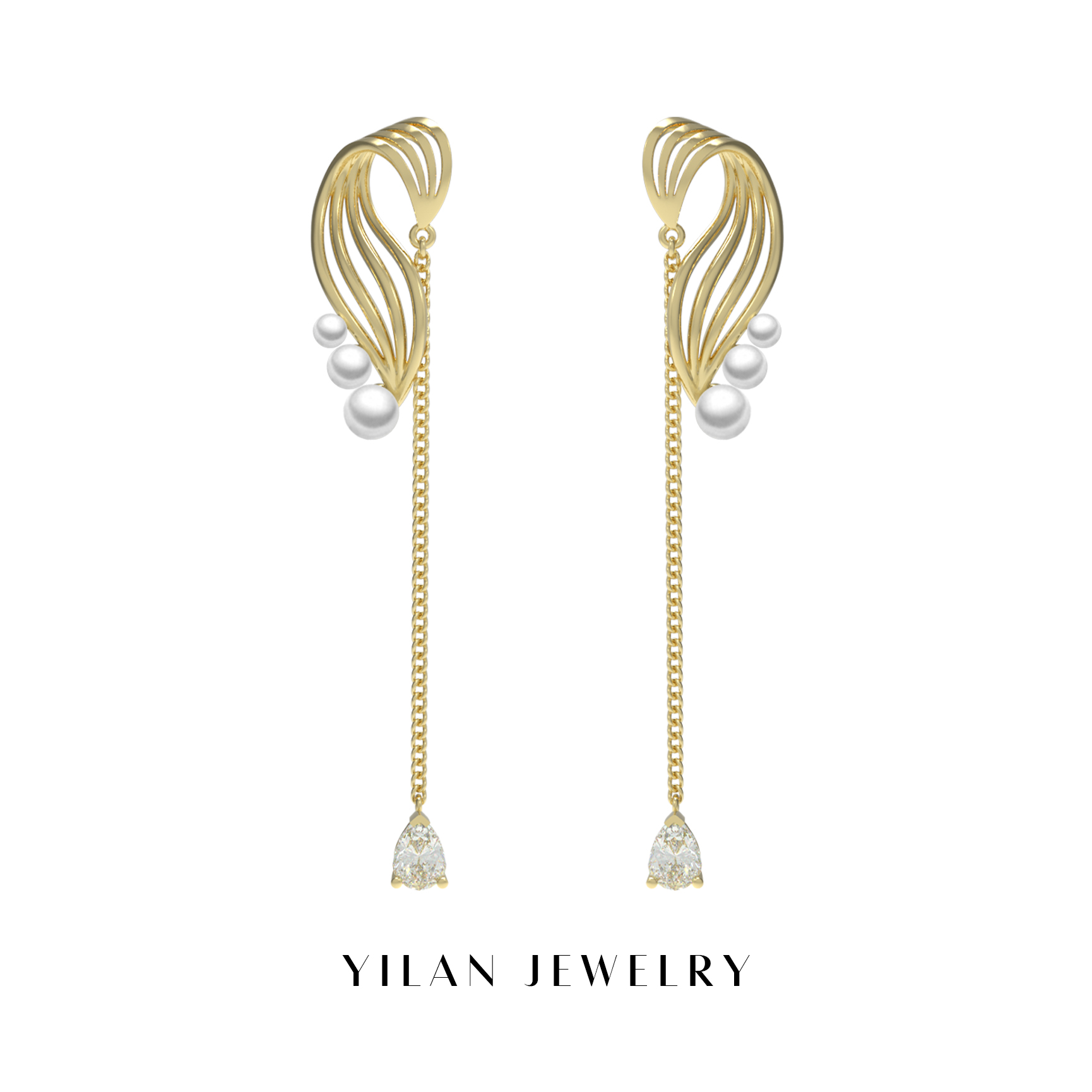 yilan宜兰珠宝时尚简约曲线造型锆石珍珠耳环轻奢耳环