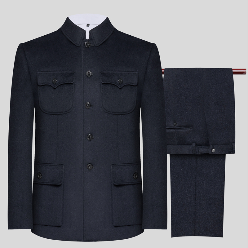 羊毛毛呢中山装套装老年人爸爸男士呢子爷爷中山中山装