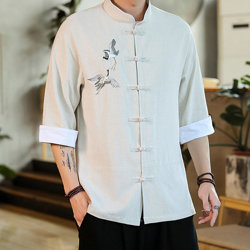 唐装男中国风上衣中袖衬衫春夏立领仙鹤刺绣民族服装