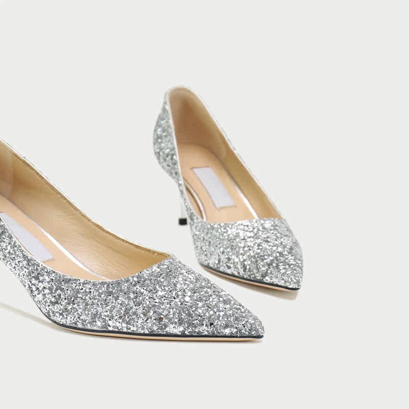 tuxxut 闪银色 | 新款尖头亮片高跟鞋伴娘新娘细跟鞋礼服结婚鞋女