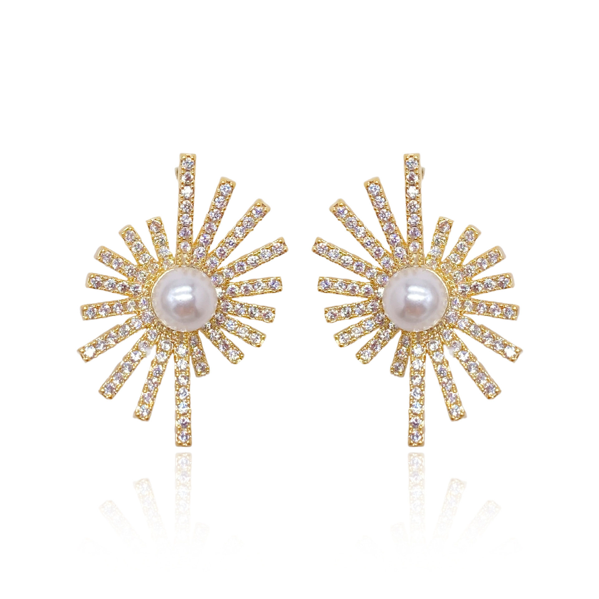 满钻镶锆石珍珠扇形星星耳环耳钉太阳星光旋转耳环