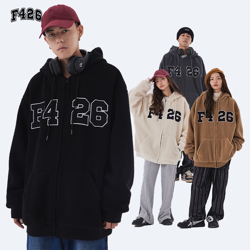 【F426官方店】国潮牌情侣嘻哈秋冬四色大LOGO贴布绣仿羊羔毛外套