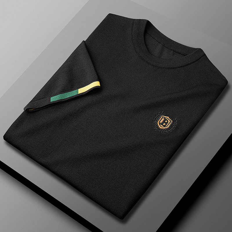 针织短袖男士春季2023新款简约刺绣圆领薄款t恤半袖上衣打底衫潮