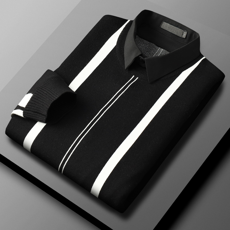 假两件毛衣男潮流加厚韩版条纹带领长袖针织衫2022新款冬季打底衫