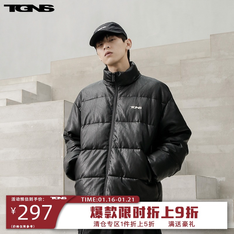 TGNS潮牌pu皮加厚棉衣冬季短款情侣棉袄国潮立领工装棉服外套男女