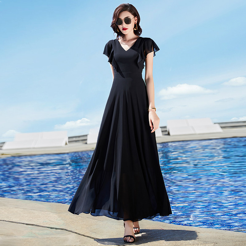 2022新款v领雪纺连衣裙女夏天收腰显瘦显高长裙过脚踝长款大摆裙